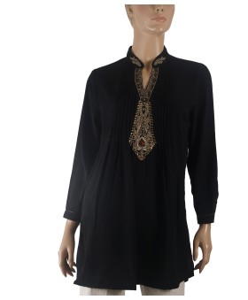 Embroidered Polyester Kurti - Black