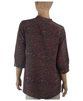 Short Silk Shirt - Red And Yellow Flowers On The Blue Base