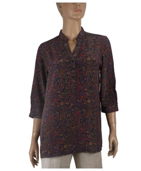 Short Silk Shirt - Red And Yellow Flowers On The Blue Base