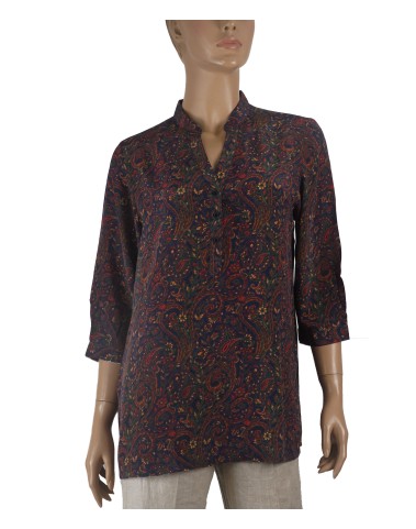 Short Silk Shirt - Red And Yellow Flowers On The Blue Base