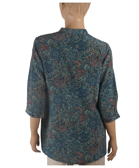 Short Silk Shirt - Blue Flowers And Leaves