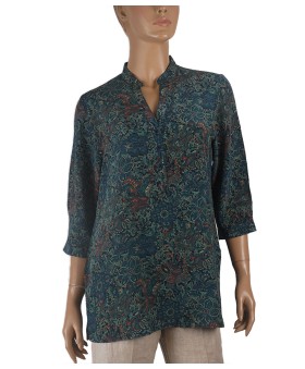 Short Silk Shirt - Blue Flowers And Leaves