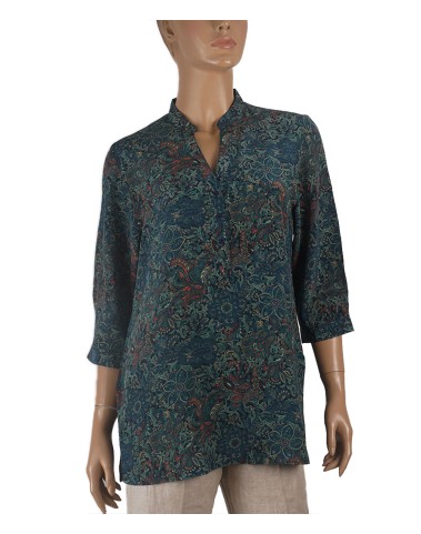 Short Silk Shirt - Blue Flowers And Leaves