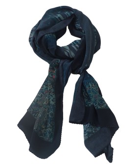 Crepe Silk Scarf - Blue Flowers And Leaves