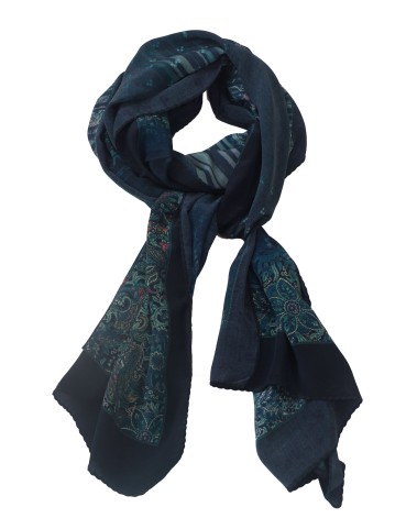 Crepe Silk Scarf - Blue Flowers And Leaves