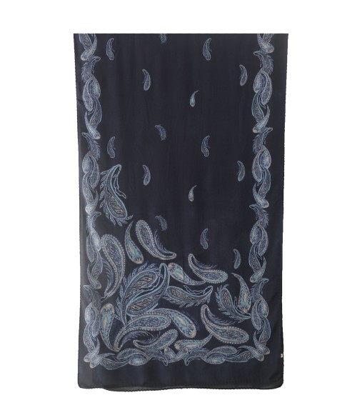 Crepe Silk Scarf - Navy Blue Paisley