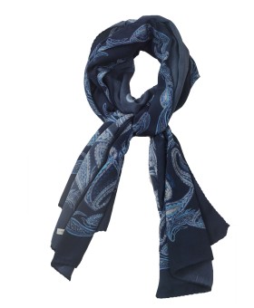 Crepe Silk Scarf - Navy Blue Paisley