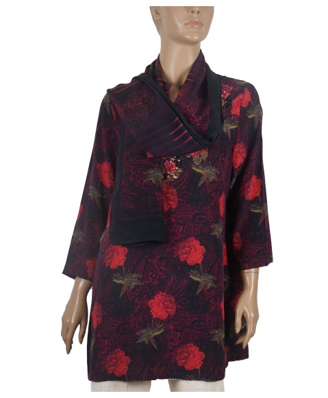 Antique Silk Kurti - Red Floral