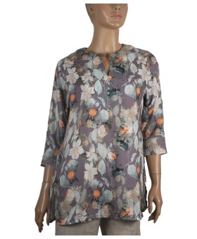 Casual Kurti - Orange Flowers And Green Leaf