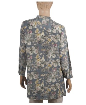 Long Silk Shirt - Grey And Beige Floral