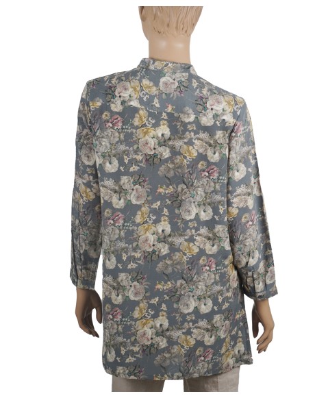 Long Silk Shirt - Grey And Beige Floral