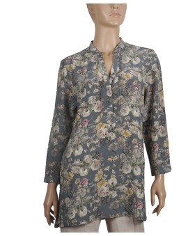 Long Silk Shirt - Grey And Beige Floral