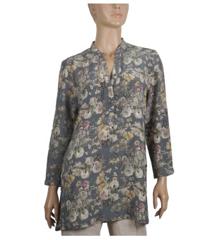 Long Silk Shirt - Grey And Beige Floral