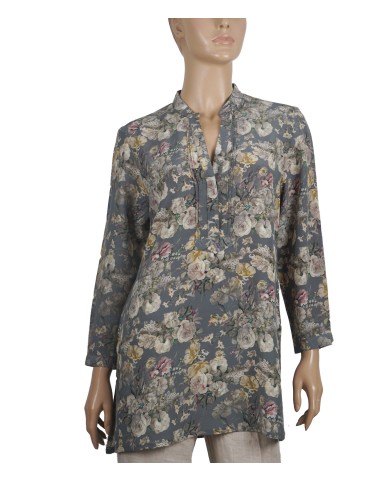 Long Silk Shirt - Grey And Beige Floral