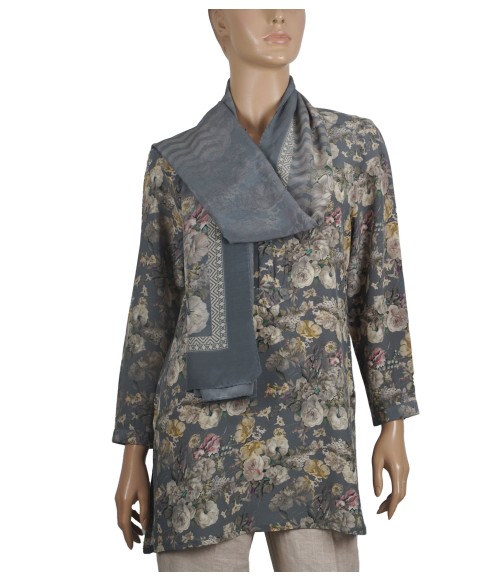 Long Silk Shirt - Grey And Beige Floral