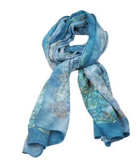 Crepe Silk Scarf - Ocean Blue Shade With Paisley 