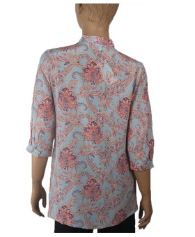 Short Silk Shirt - Paisley And Flowers On Sky Blue Base 