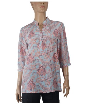 Short Silk Shirt - Paisley And Flowers On Sky Blue Base 