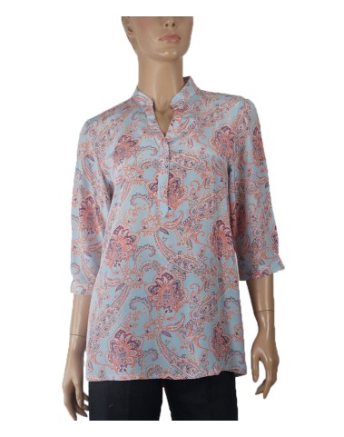 Short Silk Shirt - Paisley And Flowers On Sky Blue Base 