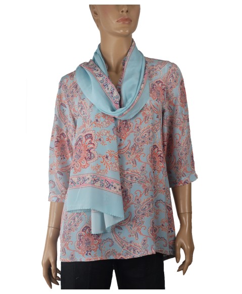 Short Silk Shirt - Paisley And Flowers On Sky Blue Base 