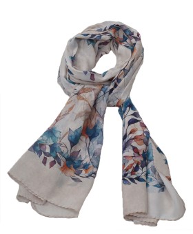 Crepe Silk Scarf - Blue Leaves 