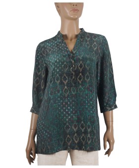 Short Silk Shirt - Green Abstract 