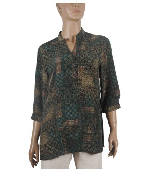 Short Silk Shirt - Olive Green Prints