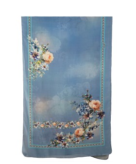 Crepe Silk Scarf - Beige And Blue Flowers