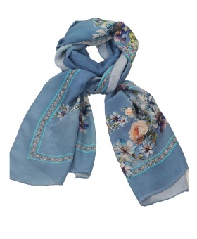 Crepe Silk Scarf - Beige And Blue Flowers