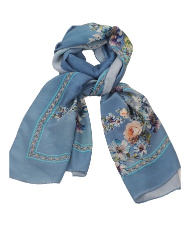 Crepe Silk Scarf - Beige And Blue Flowers