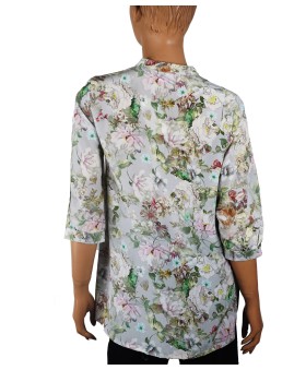 Short Silk Shirt - Grey And Pink Floral