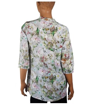 Short Silk Shirt - Grey And Pink Floral