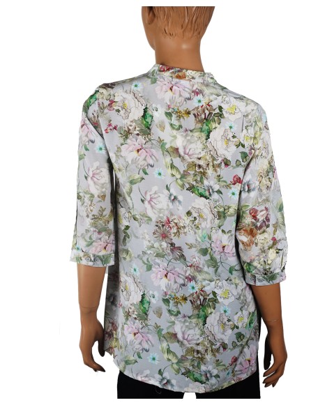 Short Silk Shirt - Grey And Pink Floral