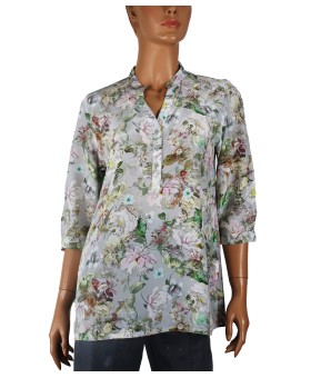 Short Silk Shirt - Grey And Pink Floral