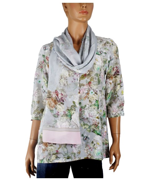 Short Silk Shirt - Grey And Pink Floral