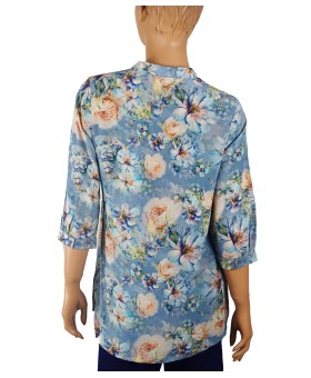 Short Silk Shirt - Beige And Blue Flowers