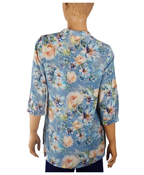 Short Silk Shirt - Beige And Blue Flowers