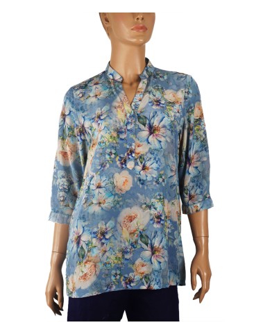 Short Silk Shirt - Beige And Blue Flowers