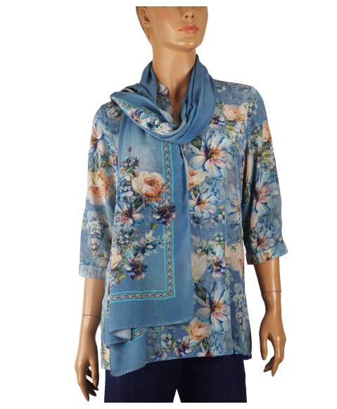 Short Silk Shirt - Beige And Blue Flowers