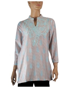 Casual Kurti - Aqua And Beige Embroidery