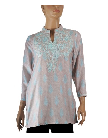 Casual Kurti - Aqua And Beige Embroidery