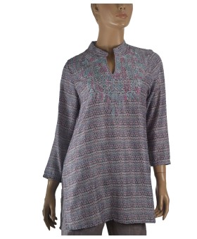 Casual Kurti - Grey Ikat Embroidery