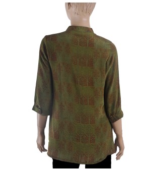 Short Silk Shirt - Olive Green Small Plant Patch