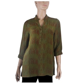 Short Silk Shirt - Olive Green Small Plant Patch