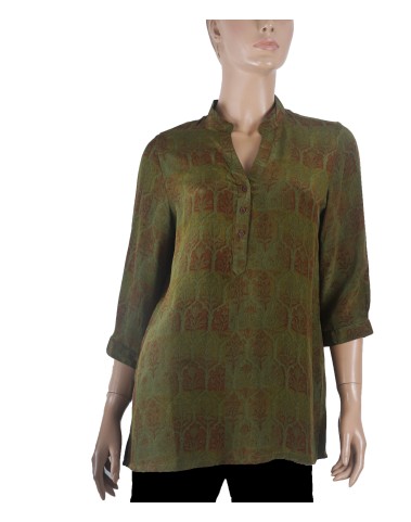 Short Silk Shirt - Olive Green Small Plant Patch