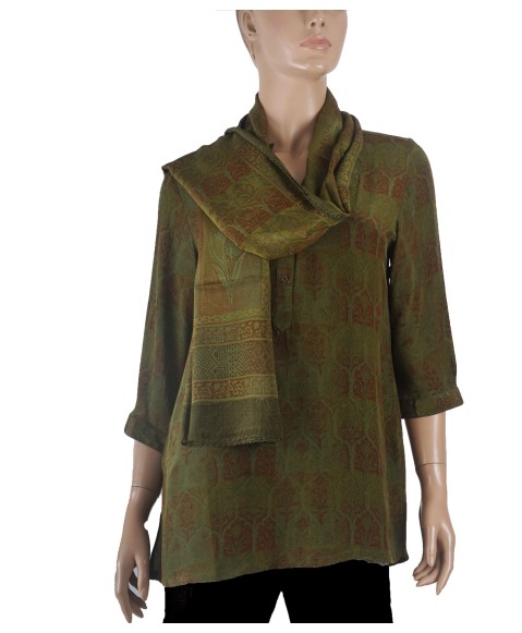 Short Silk Shirt - Olive Green Small Plant Patch