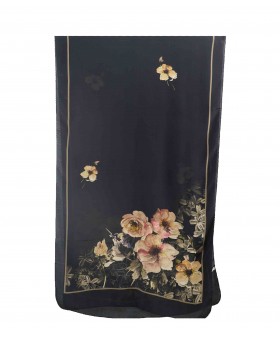 Crepe Silk Scarf -Beige Floral With Black Base 