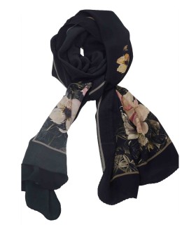 Crepe Silk Scarf -Beige Floral With Black Base 