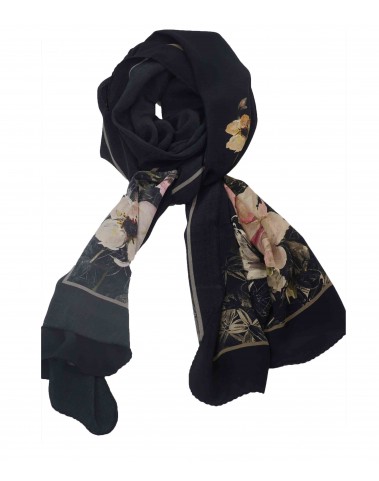 Crepe Silk Scarf -Beige Floral With Black Base 