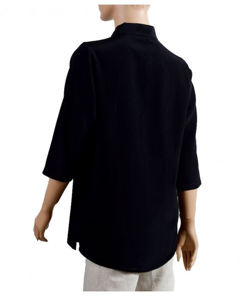 Black Pleated Plain Silk Shirt